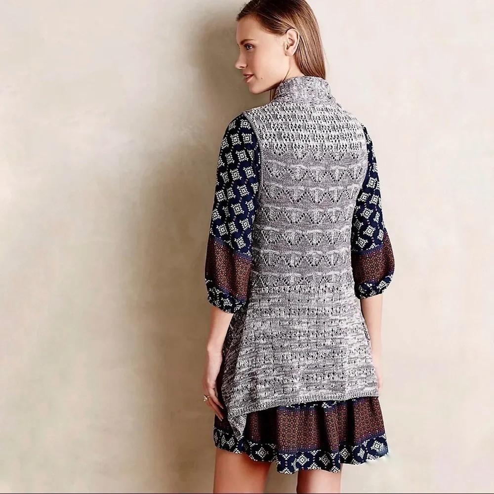 Anthropologie Moth Lavena Pointelle Draped Open Front Cardigan Sweater Vest Grey
